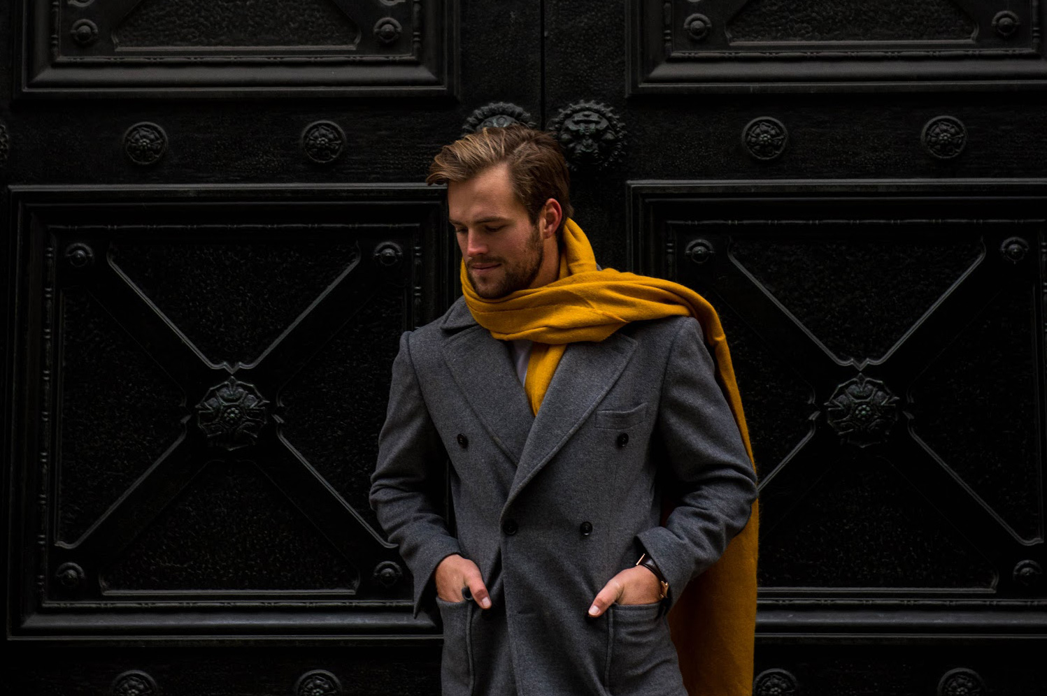 Grey Overcoat Carl Nave Yellow Scarf